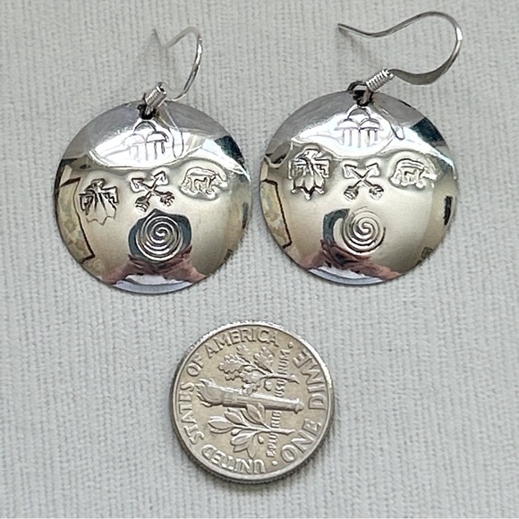 Native American Etched Symbols Sterling Silver Medallion Earrings - Picture 3 of 13